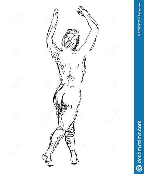 Nude Female Human Figure Standing With Hands Up Rear View Doodle Art Line Drawing Stock Vector