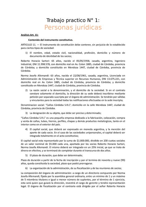 Trabajo practico 1 PJ Trabajo practico N 1 Personas jurídicas