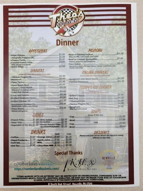 Online Menu Of Theos Diner Restaurant Newville Pennsylvania 17241