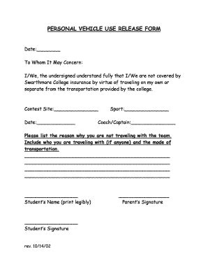 Fillable Online Swarthmore PERSONAL VEHICLE USE RELEASE FORM