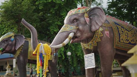 Statues Of Sacred Elephants In A Religious Temple In Thailand Stock