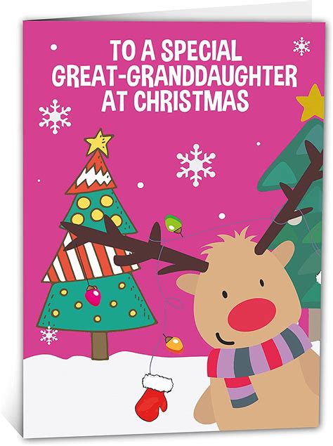 Great Granddaughter Christmas Card With Rudolph Christmas Trees And Inside Message Delighty