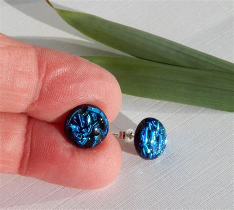 Blue Glass Stud Earrings Dichroic Glass Post Earrings Etsy