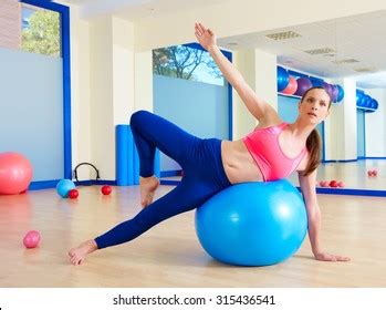 Pilates Woman Fitball Swiss Ball Exercise Stock Photo