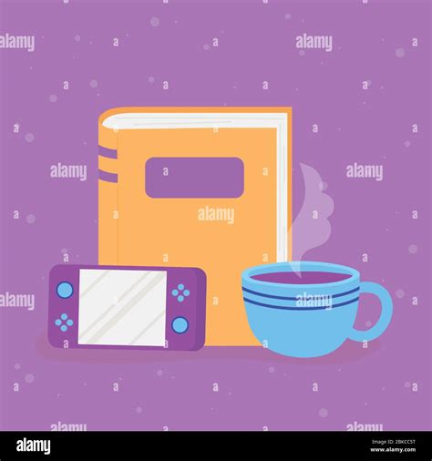 game console book and coffee cup break time cartoon vector illustration ...