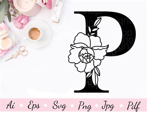 Lettre Florale P Svg Alphabet Botanique Svg Fichier Coupé Etsy