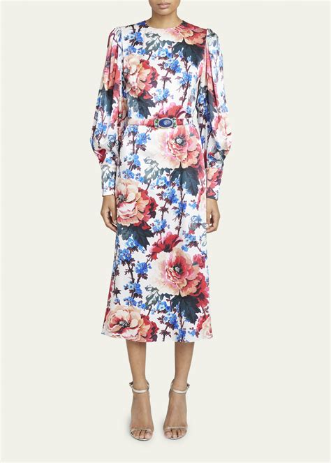 Andrew Gn Floral Print Belted Puff Sleeve Silk Midi Dress Bergdorf