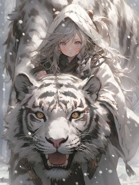 Premium Photo | Anime girl with white tiger in snow generative ai