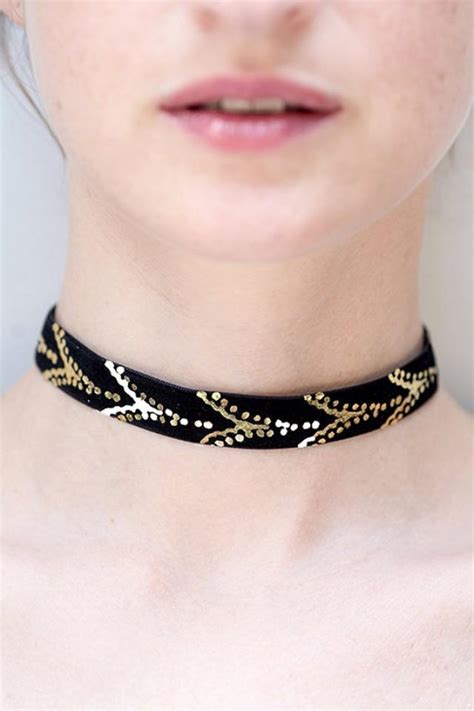 Choker Necklace, Black Choker Necklace, Leaves Print, Gold Choker ...