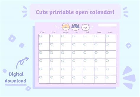 Open Monthly Calendar Cute Stationery Printable Instant Etsy