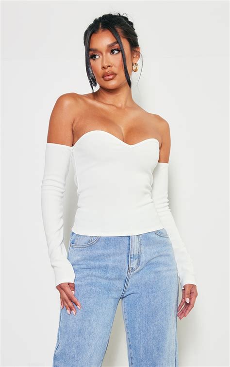 White Stretch Woven Bardot Top Tops Prettylittlething