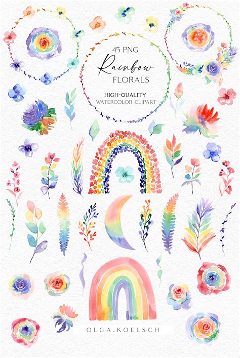 Boho Rainbow Roses Clipart Bright Floral Elements Rainbow Png By Olga