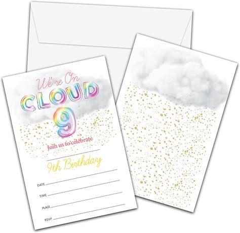 Rainbow Cloud 9 Birthday Invitations With Envelopes We Re On Cloud 9