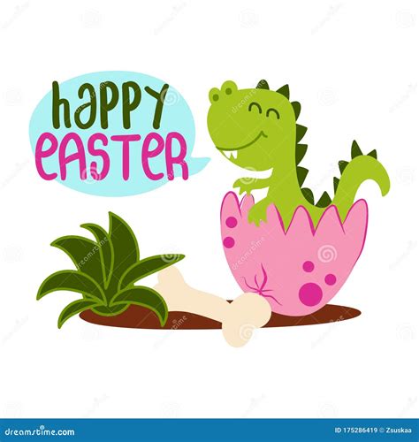 Happy Easter Cute Dino Saying Stock Vector Illustration Of Dinosaur