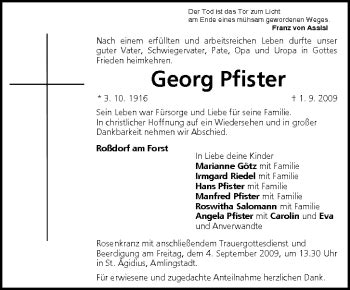 Georg Pfister Traueranzeige Trauer Infranken De