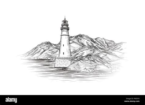 Lighthouse Seaside View Hand Drawn Seascape With Beacon Landscape