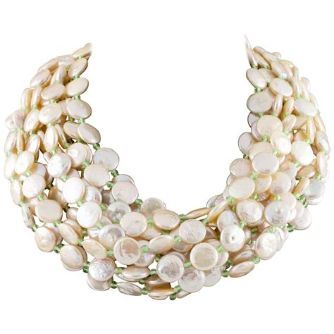 Cristina Ferrare Coin Pearl Multi Strand Bib Necklace 18 Karat Gold