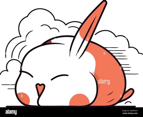 Cute Cartoon Rabbit Sleeping On The Clouds Vector Illustration In Line