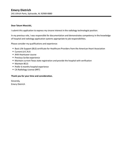 Radiology Technologist Cover Letter Velvet Jobs