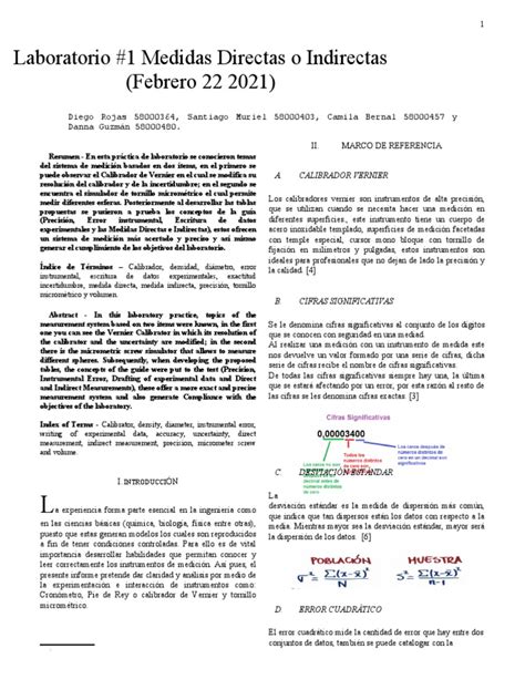 Informe Laboratorio 1 Pdf Exactitud Y Precisión Teoría De La Medida