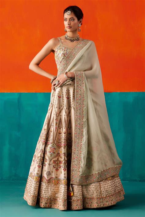 Buy Ivory Dupion Silk Embroidery Sequin V Neck Hand Lehenga Set For