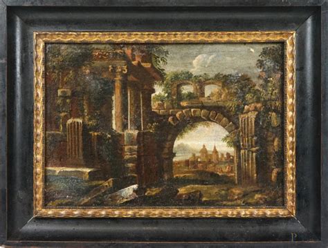 Pittore Del XVII Secolo Capriccio Architettonico Con Figure Olio Su