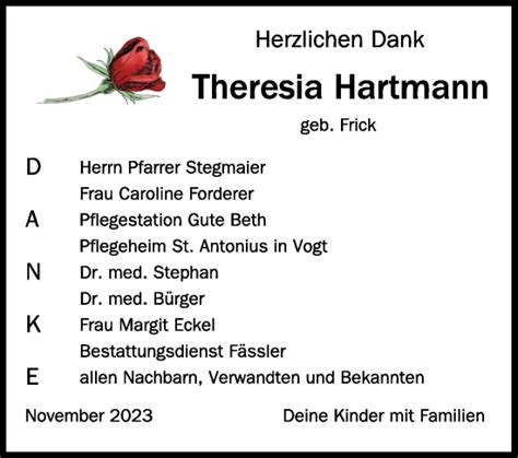 Traueranzeigen Von Theresia Hartmann Schwaebische De Trauerportal