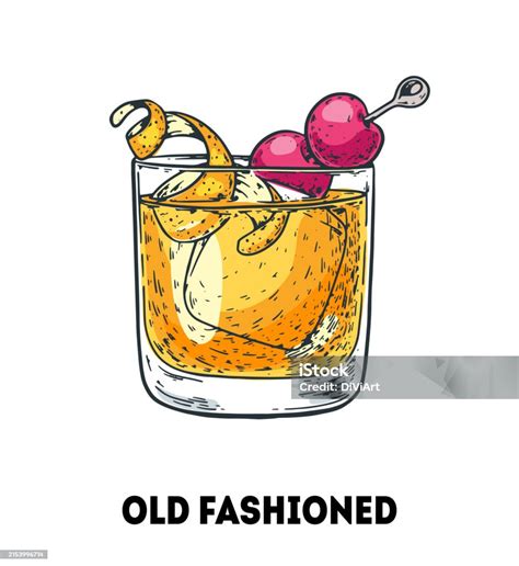 Old Fashioned Cocktail Illustration Hand Drawn Sketch Vector