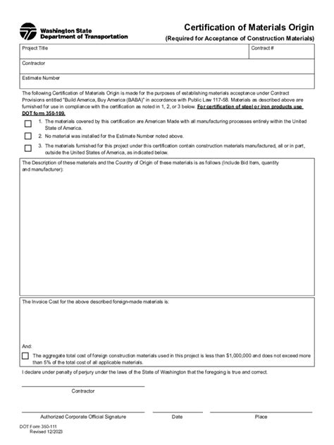 Fillable Online Wsdot Wa Dot Form Certification Of Materials