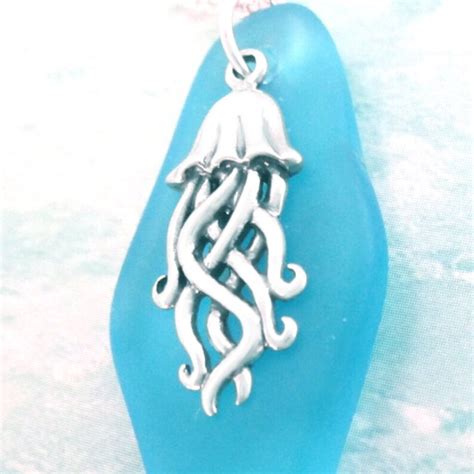 Jellyfish Necklace 925 Sterling Silver Teal Blue Sea Glass Etsy