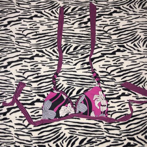 Basic Pink And Black Frilly Stripe Bikini Top Fits Depop