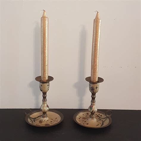 Vintage Pair Of Brass Enamel Taper Candlestick Holders With Finger