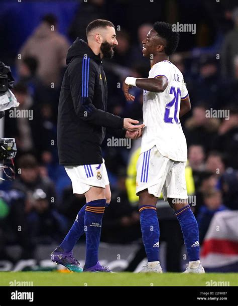 Real Madrid's Karim Benzema (left) and Vinicius Junior celebrate after ...