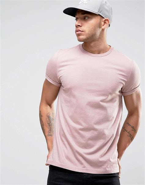 Asos T Shirt With Crew Neck And Roll Sleeve In Pink Pink Crew Neck Shirt Mens Crew Neck Asos