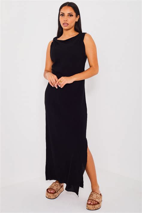 Robe Texturée Noire Sans Manche Coupe Droite Longue Brentiny Paris