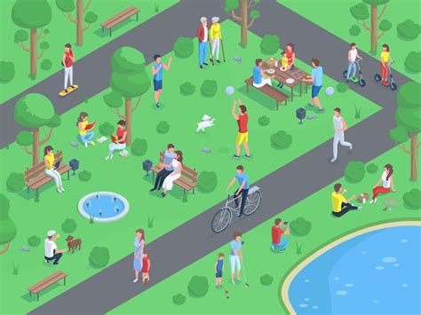 Paisaje Isom Trico Del Parque De La Ciudad Con Personas Que Realizan