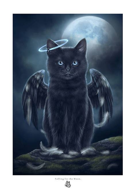 Falling For The Moon Dark Fantasy Art Black Gothic Fallen Angel Cat