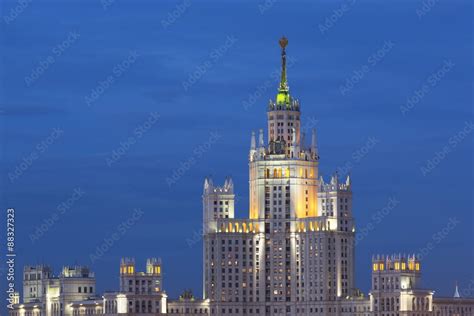 Moscow skyline at night with Stalanist-Gothic skyscraper, Moscow ...