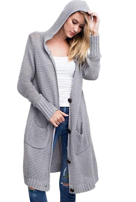 Women S Oversized Long Button Front Hooded Cardigan Sweater Heather Grey C7186gh2czn