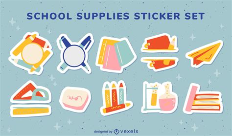 School Supplies Stickers Flat Set Vector Download