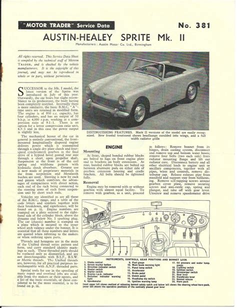 Austin Healey Sprite Mk II Original Vintage Service Data Sheet1961