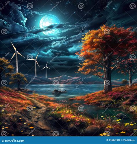 Fantasy Landscape With Windmills And Lake In The Night Generative Ai