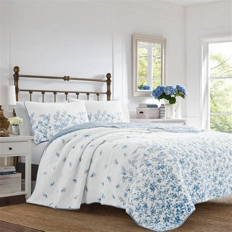 Laura Ashley Flora 2 Piece Blue Floral Cotton Twin Quilt Set Ushsa91087706 The Home Depot