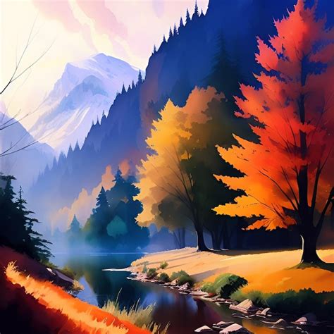 Premium AI Image | Watercolor painting of autumn stream in the forest ...