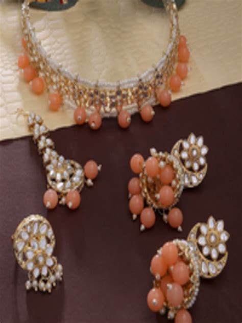 Buy Zaveri Pearls Gold Plated Gold Toned Peach Toned Kundan Studded