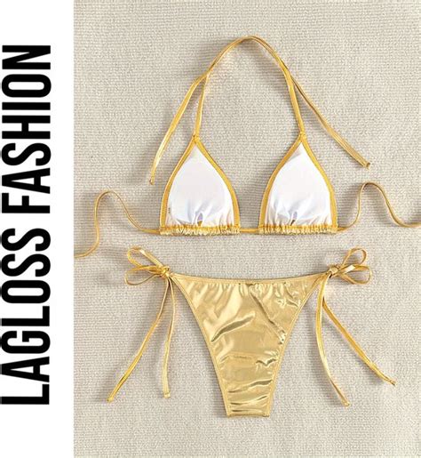 LaGloss Sexy Gouden Bikini Set 2 Delige Glanzende Badmode Met