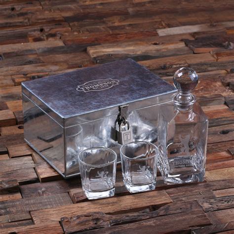 Personalized Whiskey Decanter With And Rocks Glasses And Tin Lock Box Set