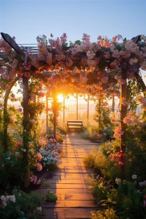 A Pergola Surrounded By Beautiful and Colorful Flowers