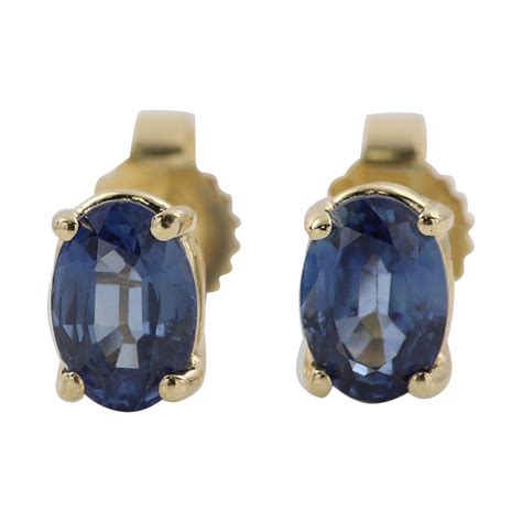 Oval Blue Sapphire Earring Studs 6 X 4 Natural Sapphire 14 Karat Yellow