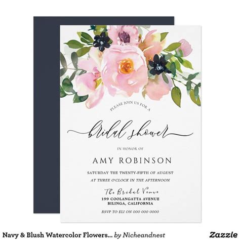 Navy And Blush Watercolor Flowers Bridal Shower Invitation Zazzle Flower Wedding Invitation